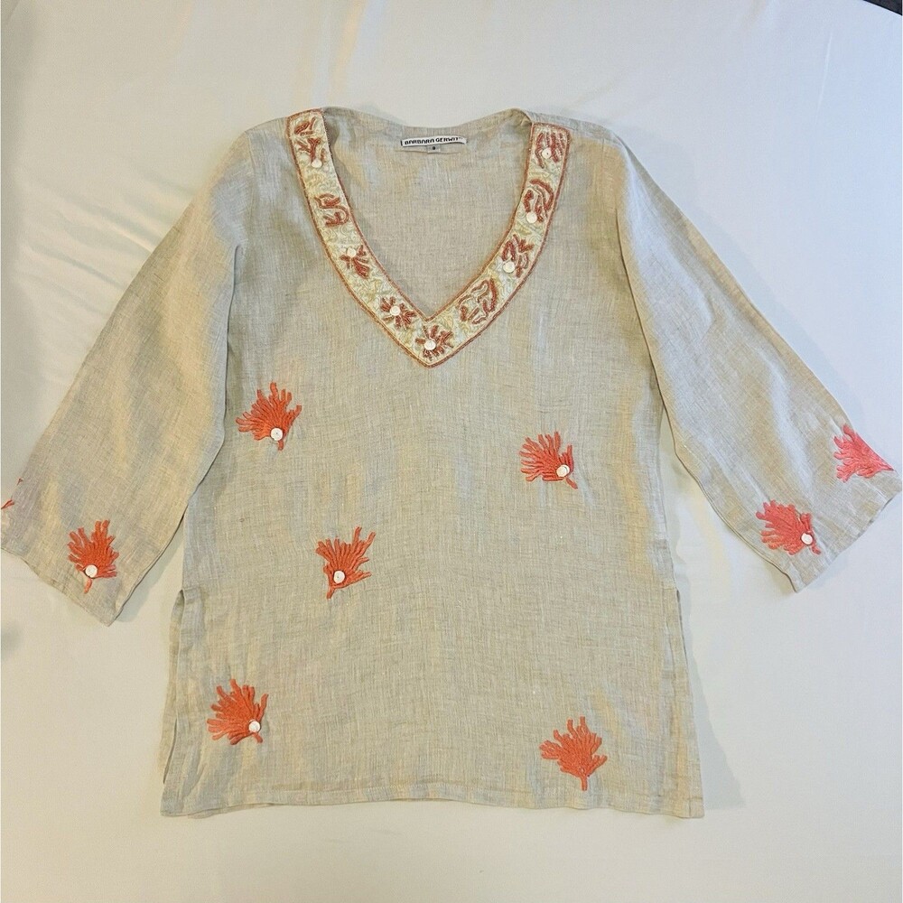 Barbara Gerwit Linen Tunic Kaftan Top S Coral Shell Embroidered Beach Coverup